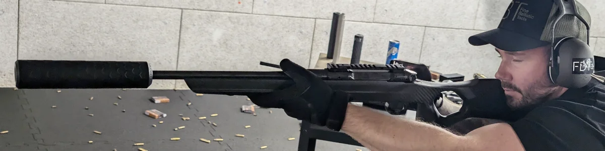 Silencer INCA AIR K44Ti for weapons | short version 3D print titanium-carbon silencer 9 INCA AIR silencer on Heym SR30 with carbon shaft
